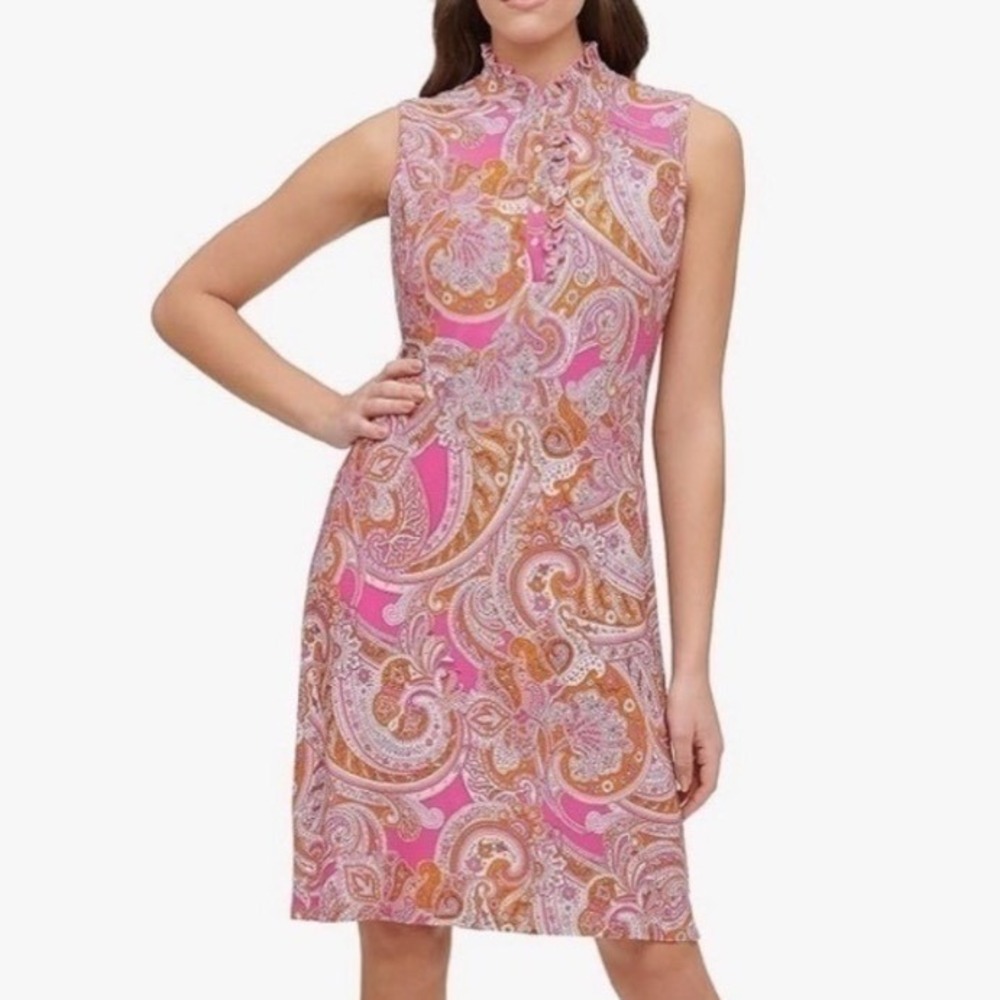 70s Revival Paisley Print Mock Neck Ruffle Dress Size 6 Pink Orange‎